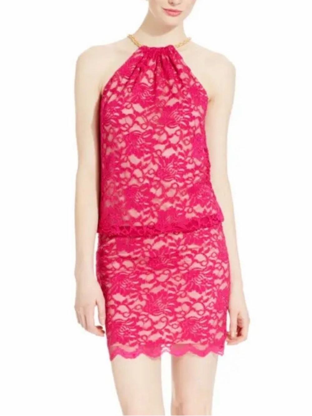 Magenta Lace Halter Dress with Chain Neck